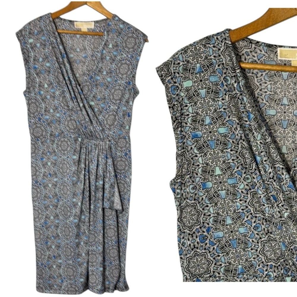 Michael‎ Kors Dress Black/White/Blue  Asymmetrical Midi Sheath in Size S  GUC